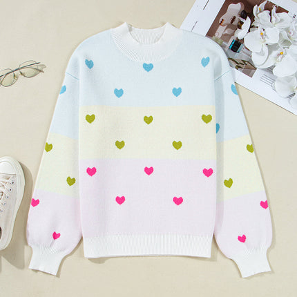 Multicolor Heart Pattern Colorblock High Neck Sweater