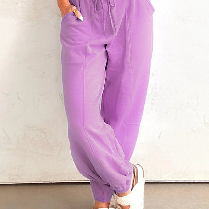 Lilac Tie Elastic Waist Solid Color Patchwork Jogger Pants