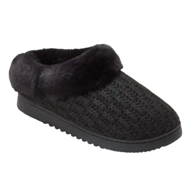 New In Box Dearfoams Women Small 5/6 Black Faux Fur Lined Knit Slide On Slippers