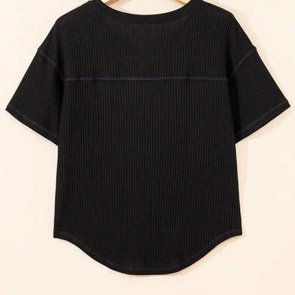 White Waffle Texture V Neck Drop Shoulder Loose Tee