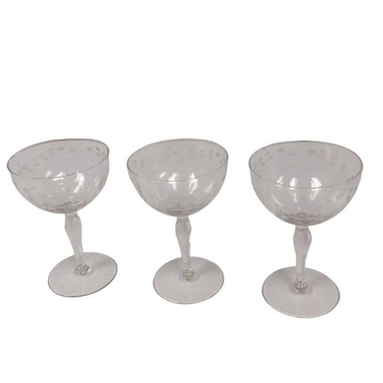3 Vintage Delicate Glass Polka Dot Leaves Stemmed Drinking Wine Glasses w Chip