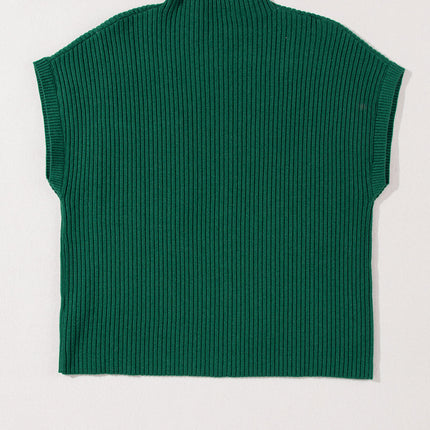 Green Patch Pocket Ribbed Knit Short Sleeve Sweater