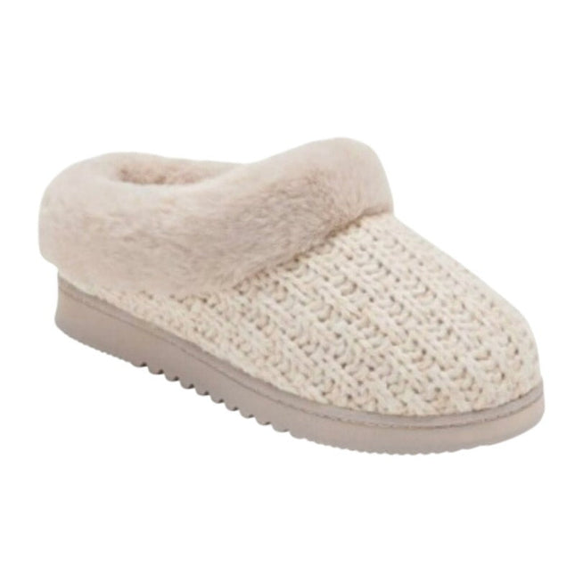 New In Box Dearfoams Women Medium 7/8 Tan Faux Fur Lined Knit Slide On Slippers