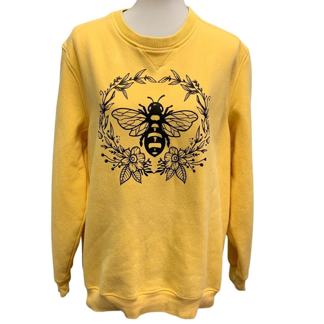 Hand Printed Upcycled Womens Large Bumble Bee Flowers Floral Sweatshirt