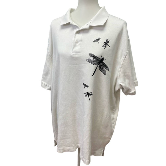 Hand Printed Upcycled Mens XL Tall Dragonfly 100% Cotton Short Sleeve Polo Shirt
