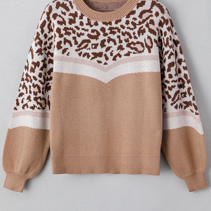 Straw Yellow Leopard Colorblock Patchwork Round Neck Sweater