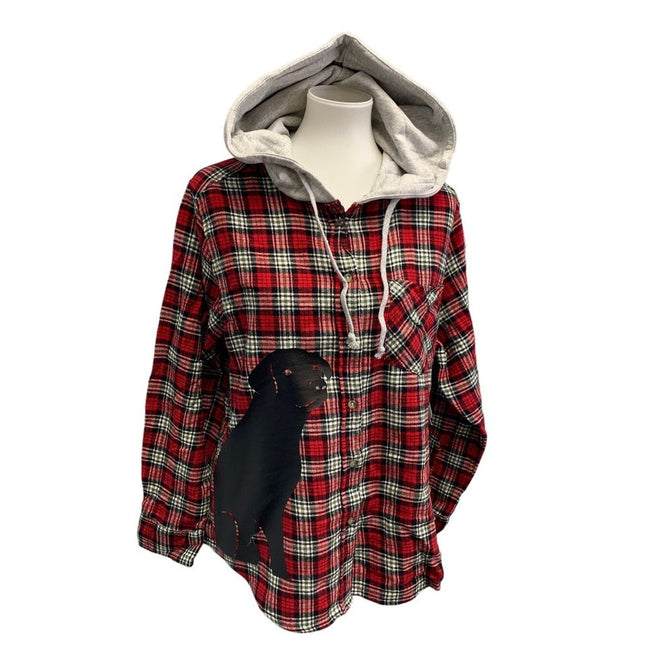 New Hand Printed Womens Medium Black Lab Dog Long Sleeve Plaid Flannel Hoodie