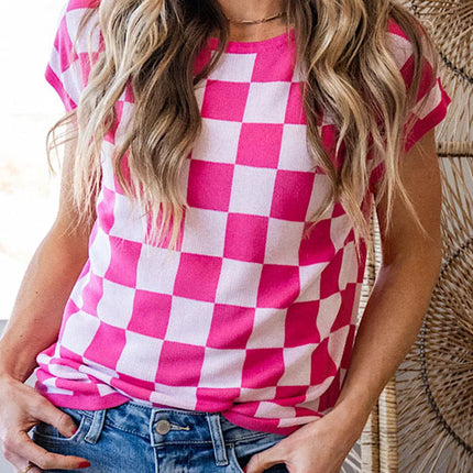 Rose Checkered Pattern Cap Sleeve Knitted Top