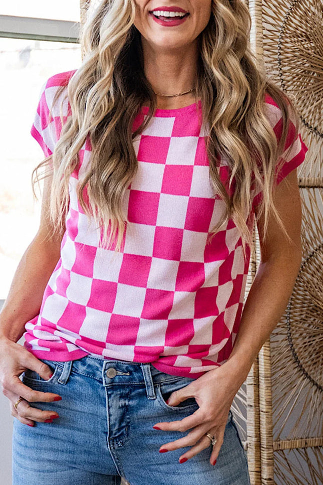 Rose Checkered Pattern Cap Sleeve Knitted Top