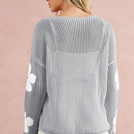 60s Flower Drop Shoulder Hollow Knit Top Light Grey -Femstylo