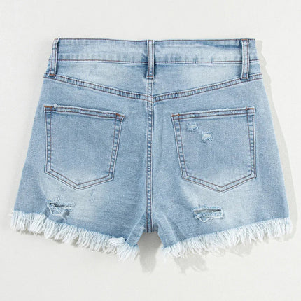 Light Blue Distressed Ripped Raw Hem High Waist Denim Shorts