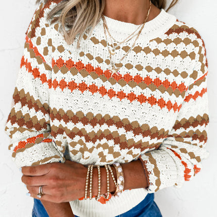 Brown Striped Eyelet Pattern Drop Shoulder Sweater - Femstylo