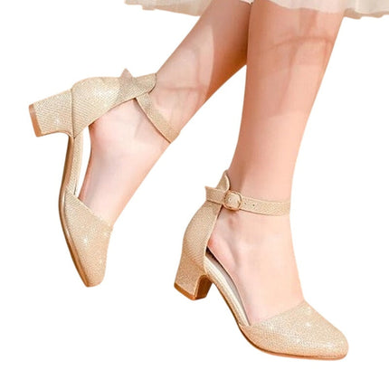 Laurmosa Girl Size 3 Gold Glitter Ankle Strap Low 2" Heel Closed Toe Dress Shoes