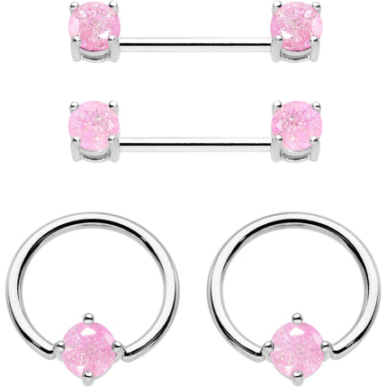 14G Pink CZ Gem BCR Captive Ring Barbell Nipple Ring Set