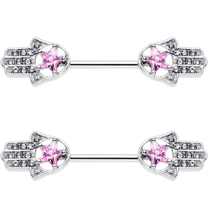 14G 9/16 Pink Gem Star Hamsa Hand Barbell Nipple Ring Set