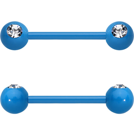 14G 5/8 Clear Gem Blue Acrylic Over Steel Nipple Barbell Set