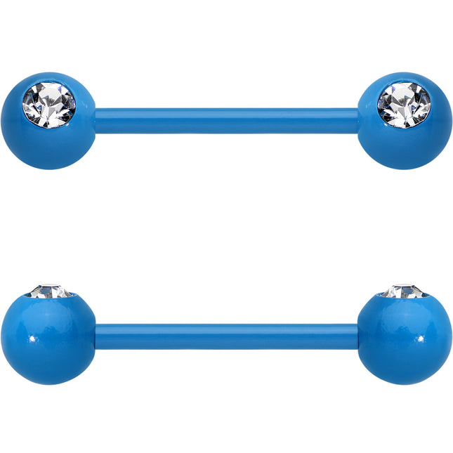 14G 5/8 Clear Gem Blue Acrylic Over Steel Nipple Barbell Set