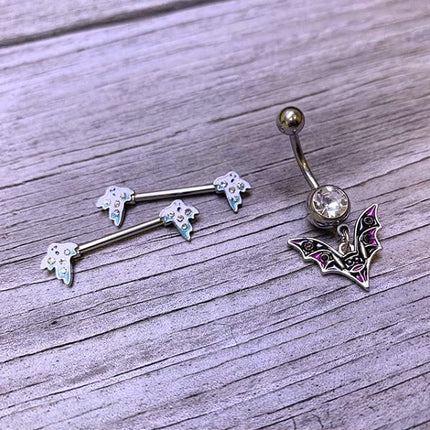 14G 9/16 Clear Gem White Ghost Halloween Barbell Nipple Ring Set