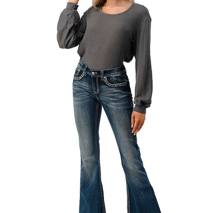 Grace in LA Women's Western Aztec Embellished Mid Rise Flare Jeans