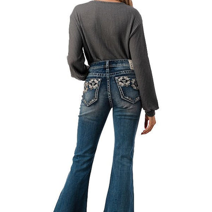 Grace in LA Women's Western Aztec Embellished Mid Rise Flare Jeans