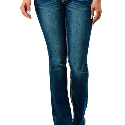 Grace in LA Women's Western Aztec Embroidered Mid Rise Bootcut Jeans