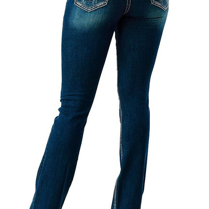Grace in LA Women's Western Aztec Embroidered Mid Rise Bootcut Jeans
