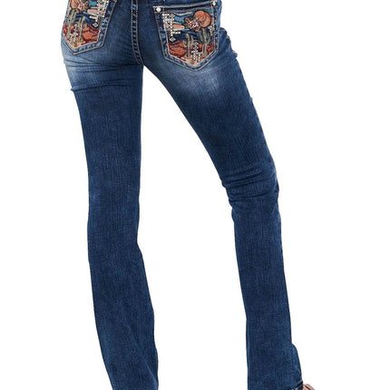Grace in LA Women's Western Cactus Scene Embroidered Mid Rise Bootcut Jeans