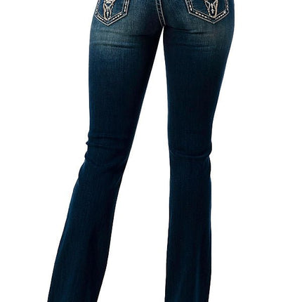 Grace in LA Women's Western Floral Steer Head Embellished Mid Rise Bootcut Jeans