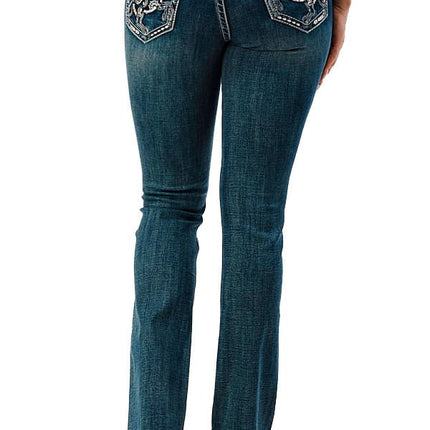 Grace in LA Women's Western Horse Embroidered Mid Rise Bootcut Jeans