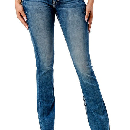 Grace in LA Women's Western Steer Head Embroidered Mid Rise Bootcut Jeans