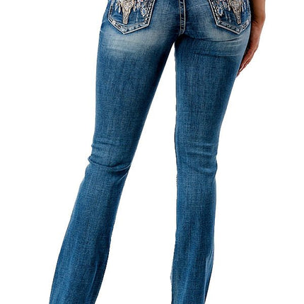Grace in LA Women's Western Steer Head Embroidered Mid Rise Bootcut Jeans