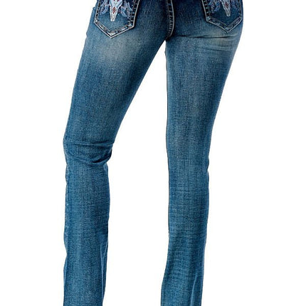Grace in LA Women's Western Steer Head Print Mid Rise Bootcut Jeans