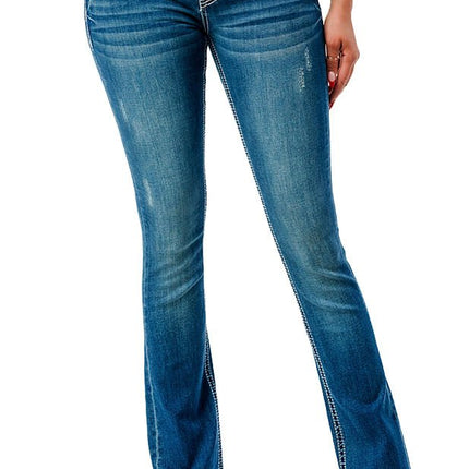 Grace in LA Women's Western Wing Embroidered Mid Rise Bootcut Jeans