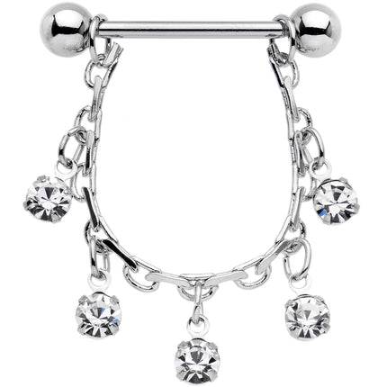 14G 5/8 Clear Gem Chain Drop Dangle Nipple Ring Set