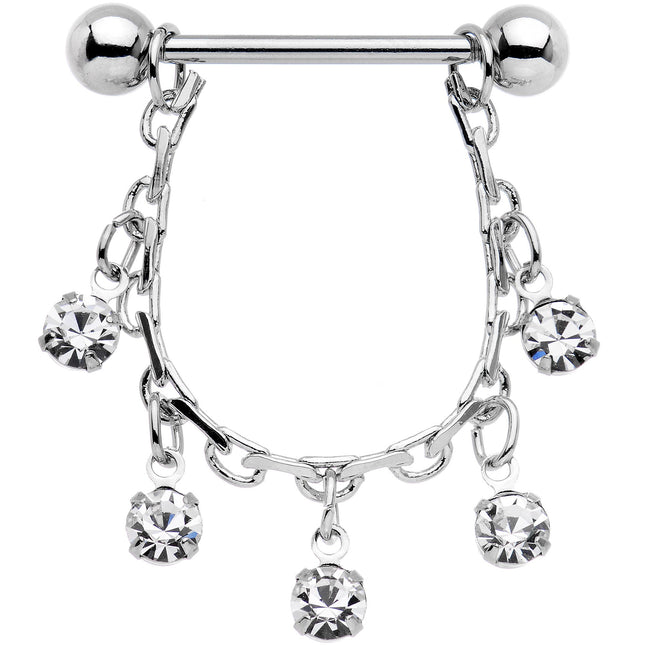 14G 5/8 Clear Gem Chain Drop Dangle Nipple Ring Set