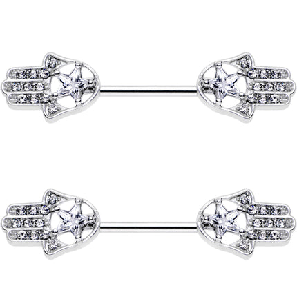 14G 9/16 Clear Gem Star Hamsa Hand Barbell Nipple Ring Set