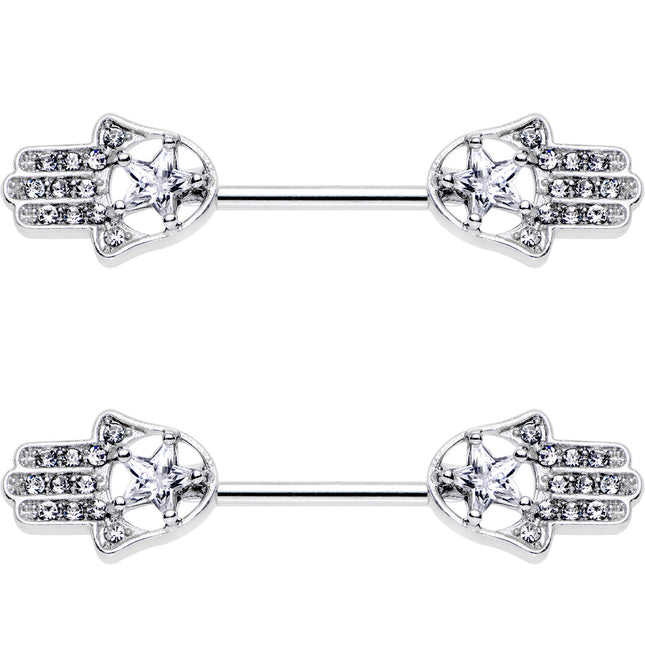 14G 9/16 Clear Gem Star Hamsa Hand Barbell Nipple Ring Set