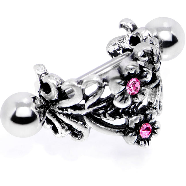 16G 1/2 Pink Gem Double Daisy Flower Cuff Cartilage Earring