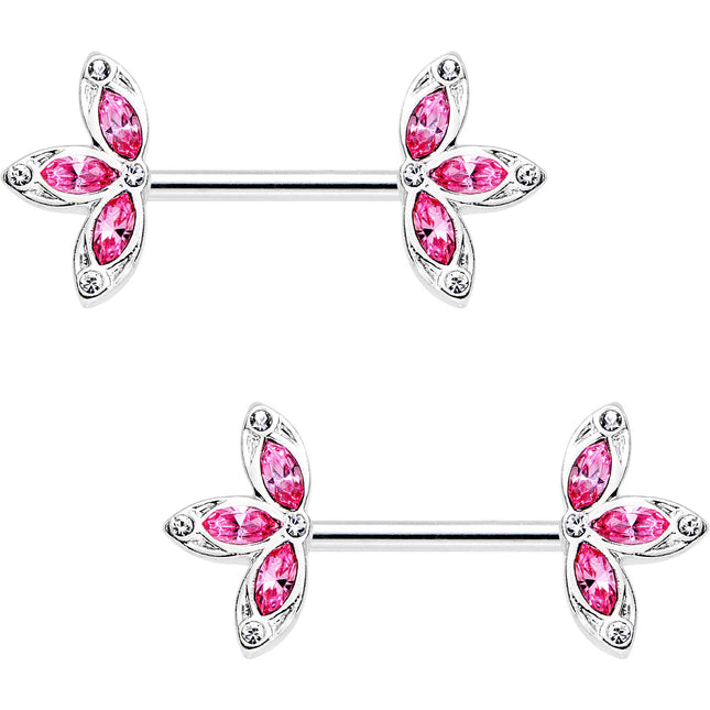 14G 1/2 Pink Gem Fleur de Seins Barbell Nipple Ring Set