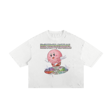 Kirby Vintage Streetwear Shirt Y2K Frayed Boxy Tee White Pink Cotton 250 GSM Distressed All Over