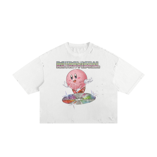 Kirby Vintage Streetwear Shirt Y2K Frayed Boxy Tee White Pink Cotton 250 GSM Distressed All Over