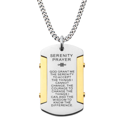 Mens Gold IP and Steel Serenity Prayer Dog Tag Pendant With Curb Chain