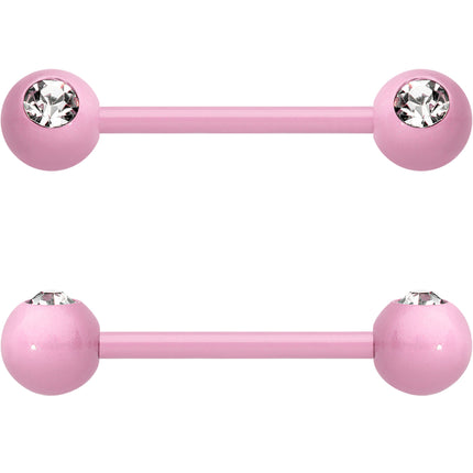 14G 5/8 Clear Gem Light Pink Acrylic Over Steel Nipple Barbell Set