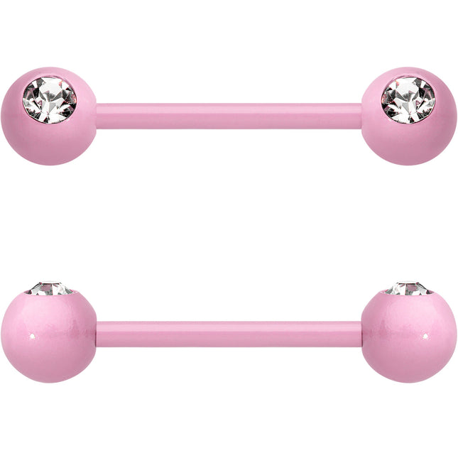 14G 5/8 Clear Gem Light Pink Acrylic Over Steel Nipple Barbell Set