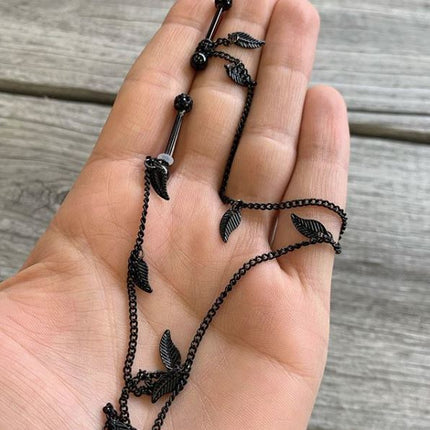 14G 5/8 Black Gem Black Autumn Leaves Dangle Nipple Chain