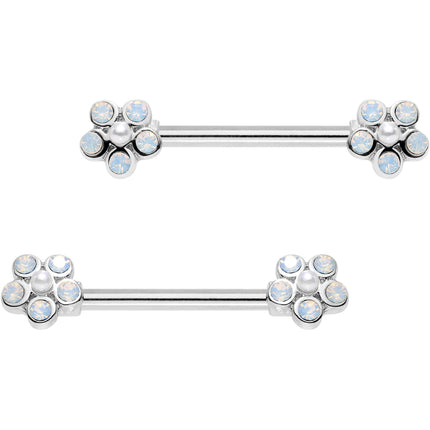 9/16 White Faux Opal Flower Barbell Nipple Ring Set