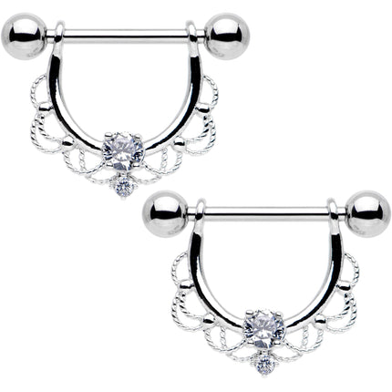 9/16 Clear CZ Gem Twin Spirits Barbell Nipple Ring Set