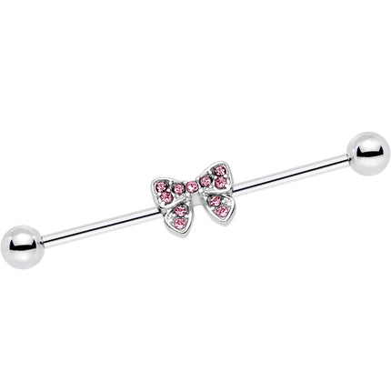 14G Pink Gem Knotted Bow Industrial Barbell 35mm
