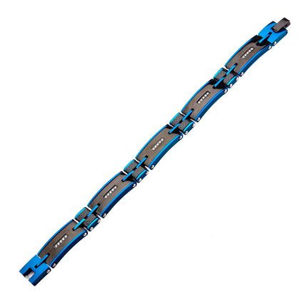 Mens Stainless Steel Solid Carbon Graphite and Blue IP with Clear CZ Gem Link Bracelet