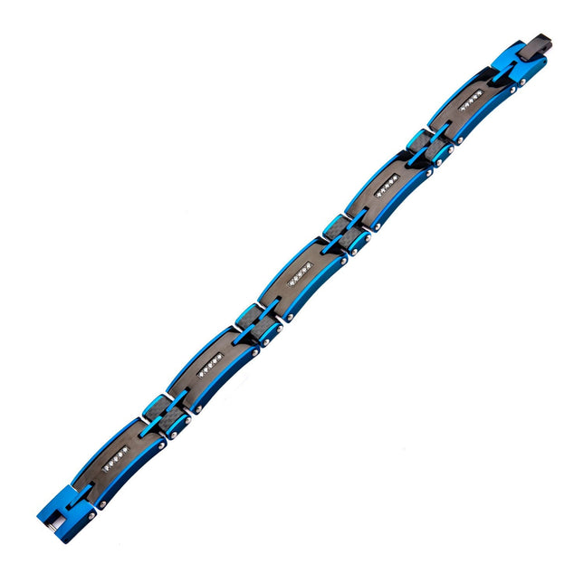Mens Stainless Steel Solid Carbon Graphite and Blue IP with Clear CZ Gem Link Bracelet
